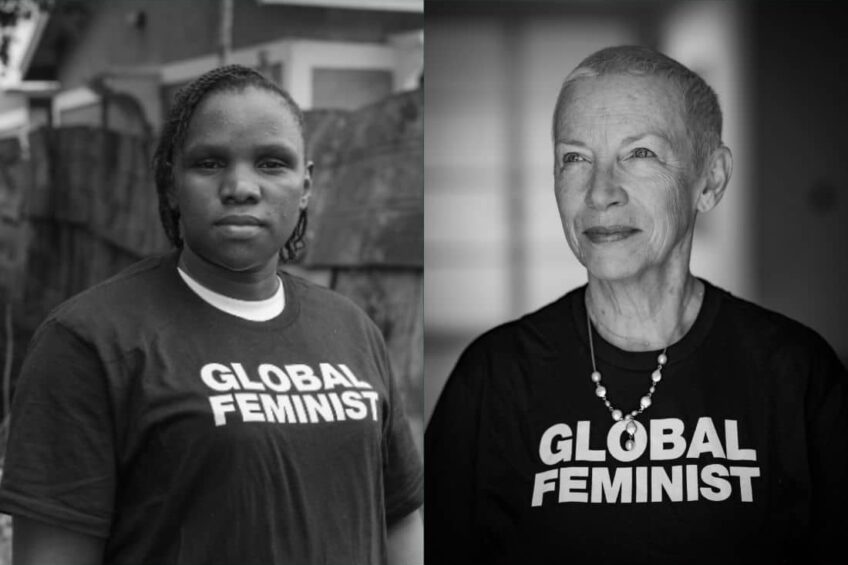 A diverse group of women holding hands in solidarity, symbolizing global feminist unity.
